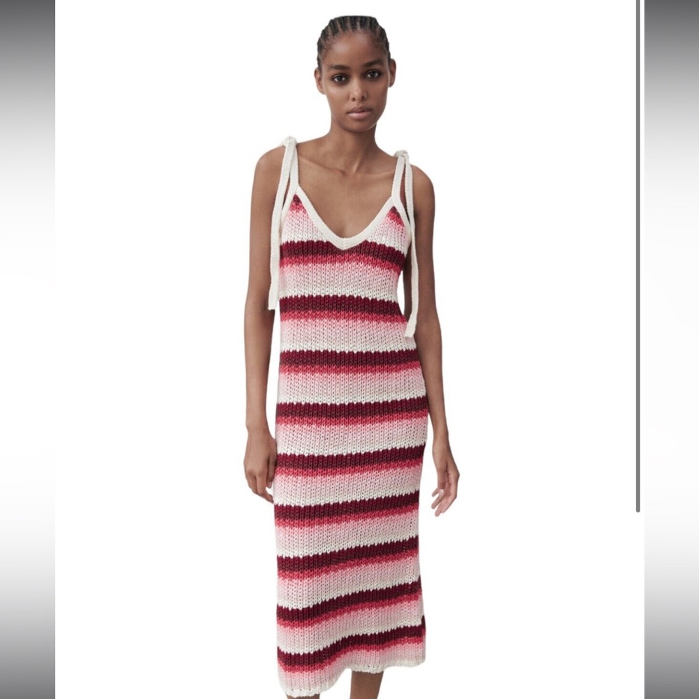 Zara *Limited Edition* Pink Striped Knit Crochet Midi Bodycon Dress